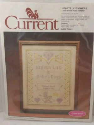 Current Hearts N Flowers Cross Stitch Kit 7154-9 Baby Birth 11" x 14" 1983 VTG - Image 1 of 4