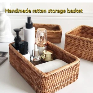 Handwoven Rattan Natural Basket Vintage Wicker Boohoo Handle Décor Storage Box - Picture 1 of 19