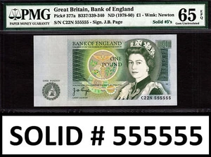 England One Pound 1978-80 Solid Serial C22N 555555 Pick-377a GEM UNC PMG 65 EPQ - Bild 1 von 2