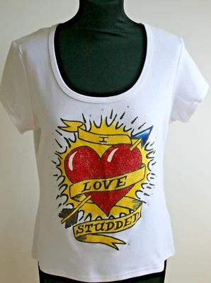 NEW GABBY HARRIS T-Shirt Heart Qupid I Love Studded 100% Cotton Cap-Sleeve White - Image 1 of 4