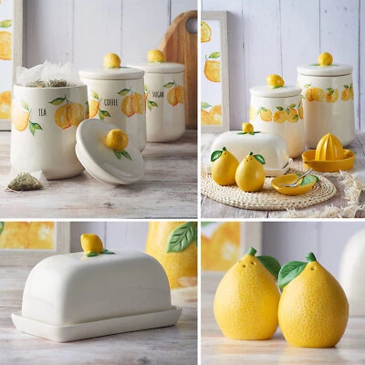 Ceramic Tea Coffee Sugar Canister Set Kitchen Storage Jar Amalfi Lemon Tableware - Image 1 of 4