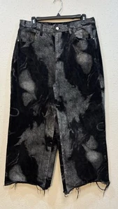 Y2K Machine Baggy Jeans Pants sz W32 L25 Black Silver Paint Wash Raw Hem - Picture 1 of 13