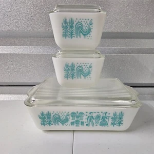 Vintage Pyrex Türkis Hahn Kasserolle Set 3 Stück verschachtelt Milchglas - Bild 1 von 19