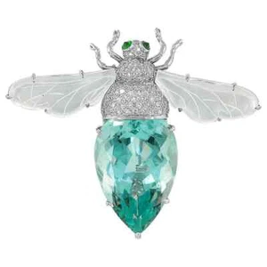 925 Silver With White CZ, Mother of Pearl, Green Beryl & Quartz Eyes Bee Brooch - Picture 1 of 5