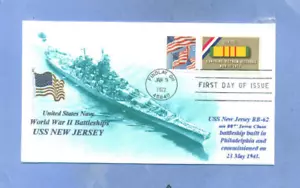 USS NEW JERSEY BB-62 Battleship Vietnam War Ship Blue Photo, First Day # 1802 - Picture 1 of 1