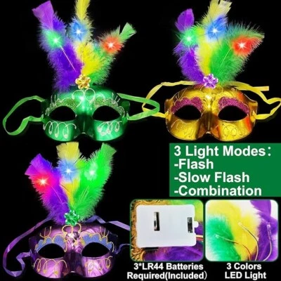 6 Pack Mardi Gras LED Masks Gold Green Purple Feathers Light Up Mask Masquerade - Image 1 of 4