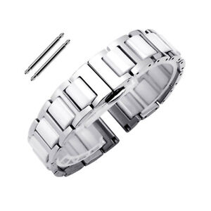 14mm 16mm 18mm 20mm 22mm Black White Stainless Steel + Ceramic Watch Strap Band