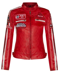 Womens Red Leather Biker Jacket Retro Casual Zipped Racing Moto Badges - Picture 1 of 6