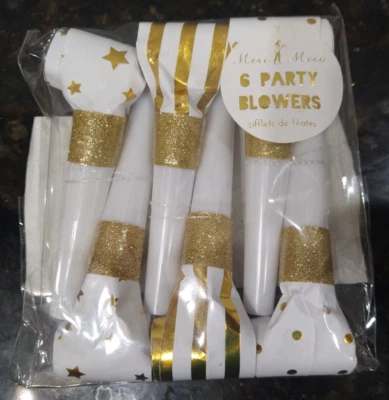 NEW Meri Meri 6 Pack Party Blowers, Gold and White - Image 1 of 3