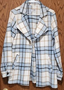 WOMENS CISONA OUTERWEAR OPEN PLAID JACKET BLUE CREAM TAN SOFT SZ L LARGE EUC - Picture 1 of 2
