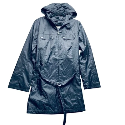 Vintage North End women rain trench coat nylon black large hooded belted - Image 1 of 4