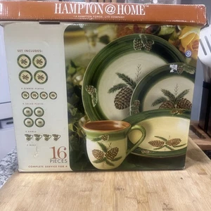 New NIB Vintage Hampton At Home Pinecone 16Pc dinner salad plate bowl mug Forge* - Picture 1 of 9