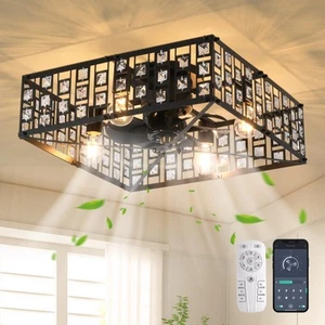Käfig Deckenventilator mit Licht, 19,6" Schwarz Kristall Kronleuchter Deckenventilator mit L... - Bild 1 von 9