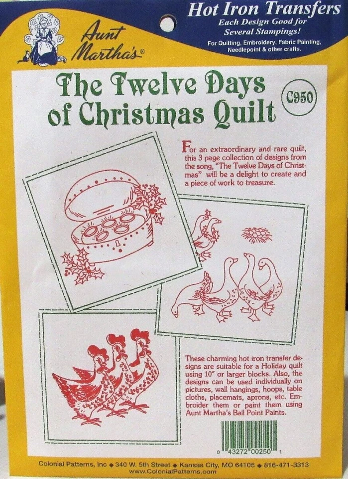 Aunt Martha's 12 Days of Christmas Quilt Blocks Embroidery Transfer Pattern C950 - Image 1 of 1