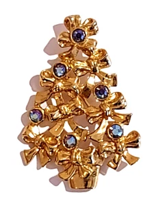 Avon Christmas Tree Gold Brooch Hat Pin with Bows and Blue Rhinestones 1980's - Picture 1 of 5