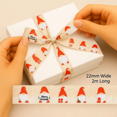 Beige Gonk Christmas Ribbon 22mm x 2m – Merry Christmas Grosgrain Crafts - Image 1 of 4