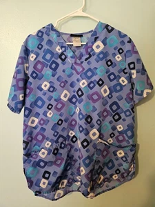 Cherokee Brand Blue Square Print Scrub Top - Sz M - Picture 1 of 5