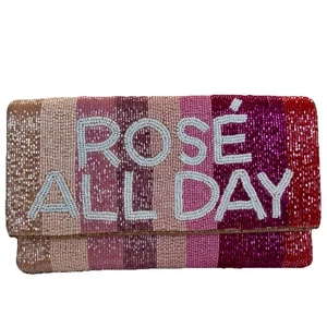 ‘Rosé All Day' Beaded Convertible Crossbody Clutch Gold Chain Glam - Picture 1 of 7