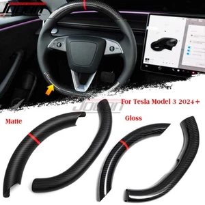 Gloss Carbon Fiber Steering Wheel Top Bottom Cover Decor For Tesla Model 3 2024+ - Picture 1 of 12