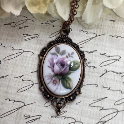 Mauve Rose Copper Heart Frame Necklace Pendant Mom Daughter Gift Wife Lilac - Image 1 of 4