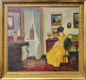 Bente Berg (1931): INTERIOR CON COSTURA MUJER. Pintura al óleo original - Imagen 1 de 7