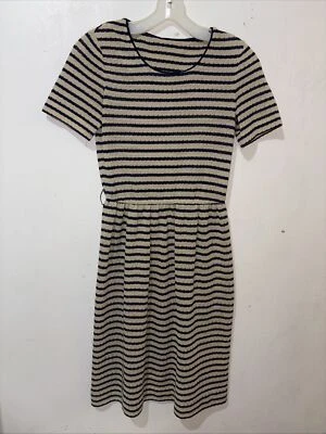 Vtg Knit Dress Womens XS Beige Blue Striped Short Sleeve A-Line Midi Union Made - Image 1 of 4