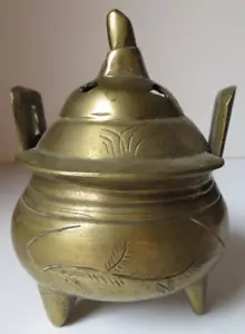 Bruciatore di incenso vintage cinese decorativo doppio manico pesante inciso ottone dorato - Foto 1 di 12