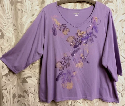 Top 3X Mezcla Algodón Tejido Elástico Estrás Hojas Manga 3/4 BRECKENRIDGE Foto 1 de 4