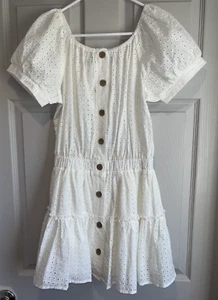 Miou Muse White Eyelet Short Dress Womens M Puff Sleeve Festival Costal Cowgirl - Picture 1 of 11