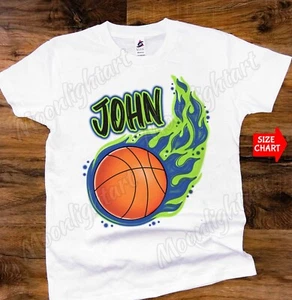 Personalized Name Basketball Ball Flames Fire School Team T-Shirt - Picture 1 of 2