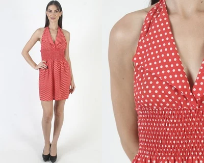 Vtg 70s Red Polka Dot Dress Halter Open Back Mod Scooter Micro Mini Sundress - Image 1 of 4