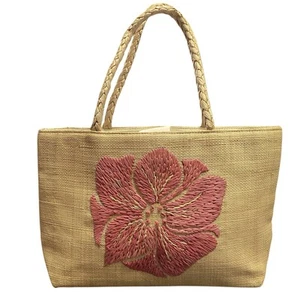 Bolso de Mano Mossimo Tejido Rafia Bordado Flor Hawaiana Doble Asas - Imagen 1 de 10