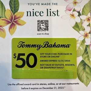 Tommy Bahama Coupon $50 Off $100 Purchase Expires 12/31/2025 In Store Or Online - Picture 1 of 1