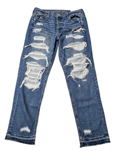 NWT American Eagle Sz 10 R Blue Tomgirl Straight Zip Distressed Jeans 33x29.5 - Picture 1 of 10