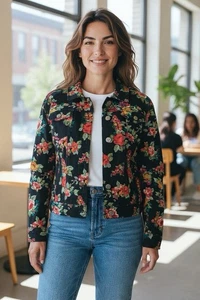 Chaqueta Floral Negra Algodón Spandex Talla XL Mujer’s Hasta la Cintura Vainilla Star - Imagen 1 de 13
