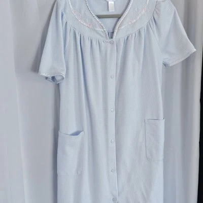 ADONNA Sleepwear Housedress Baby Blue Waffle Knit Nightgown MooMoo Sz S Pockets - Image 1 of 4