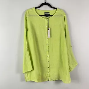 Tahari 100% Linen Button Up Tunic Shirt Size 1X Green Roll Tab Sleeves - Picture 1 of 9