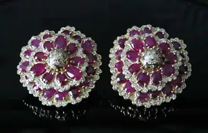 Designer 14K Yellow Gold Ruby Diamond Camelia FLOWER Floral HUGE Earrings 32mm - Picture 1 of 12