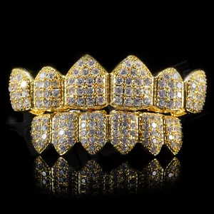 18K Gold Plated CZ Cluster Custom Slugs Top Bottom GRILLZ Mouth Teeth Grills Set - Picture 1 of 3