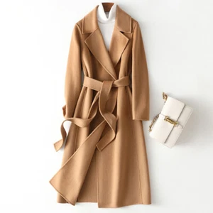 Winter Women Lady 100% Wool Coat Woolen Coat Long Belt Overcoat Trench Coat Warm - Picture 1 of 17