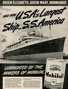 1940 Oil Gas Mobiloil Mobil 40s Vintage Print Ad SS America Ship Queen Elizabeth - Picture 1 of 9