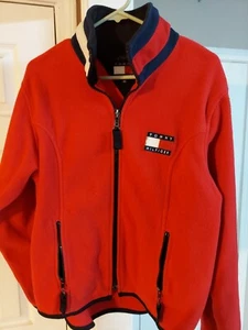 Tommy Hilfiger Flag Fleece Women's Sz M Full Zip Jacket 90s Spellout VTG - RED - Picture 1 of 7