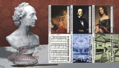 St. Vincent 2009 - SC# 3658 Felix Mendelssohn, Music - Sheet of 6 Stamps - MNH - Image 1 of 1