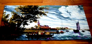 Antique 19c Needlepoint canvas tapestry hand work France River sides - Picture 1 of 8