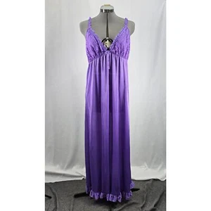Vintage Erica Loren New York Long Silky Nightgown Peignoir Purple Lace Ruffles - Picture 1 of 8