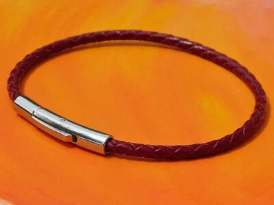 Pulsera Hombre/Dama 3mm Cuero Borgoña y Acero Inoxidable por Lyme Bay Art Foto 1 de 3