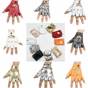 Womens Punk Short Leather Gloves Half Finger Fingerless Dance Motorcycle Glove ↖ - Picture 1 of 20