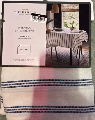 Mantel a Rayas Algodón 84" x 60" Azul - Umbral. Oblongo. Asientos 6-8. Nuevo con etiquetas Foto 1 de 3