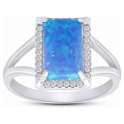 Anillo halo banda dividida simulado verde/azul ópalo y circonita cúbica chapado en oro de 14 k Foto 1 de 4