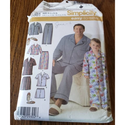 Simplicity Easy Sew 4381 Men's & Boys Pajamas and Slippers Sewing Pattern S-XL - Image 1 of 4